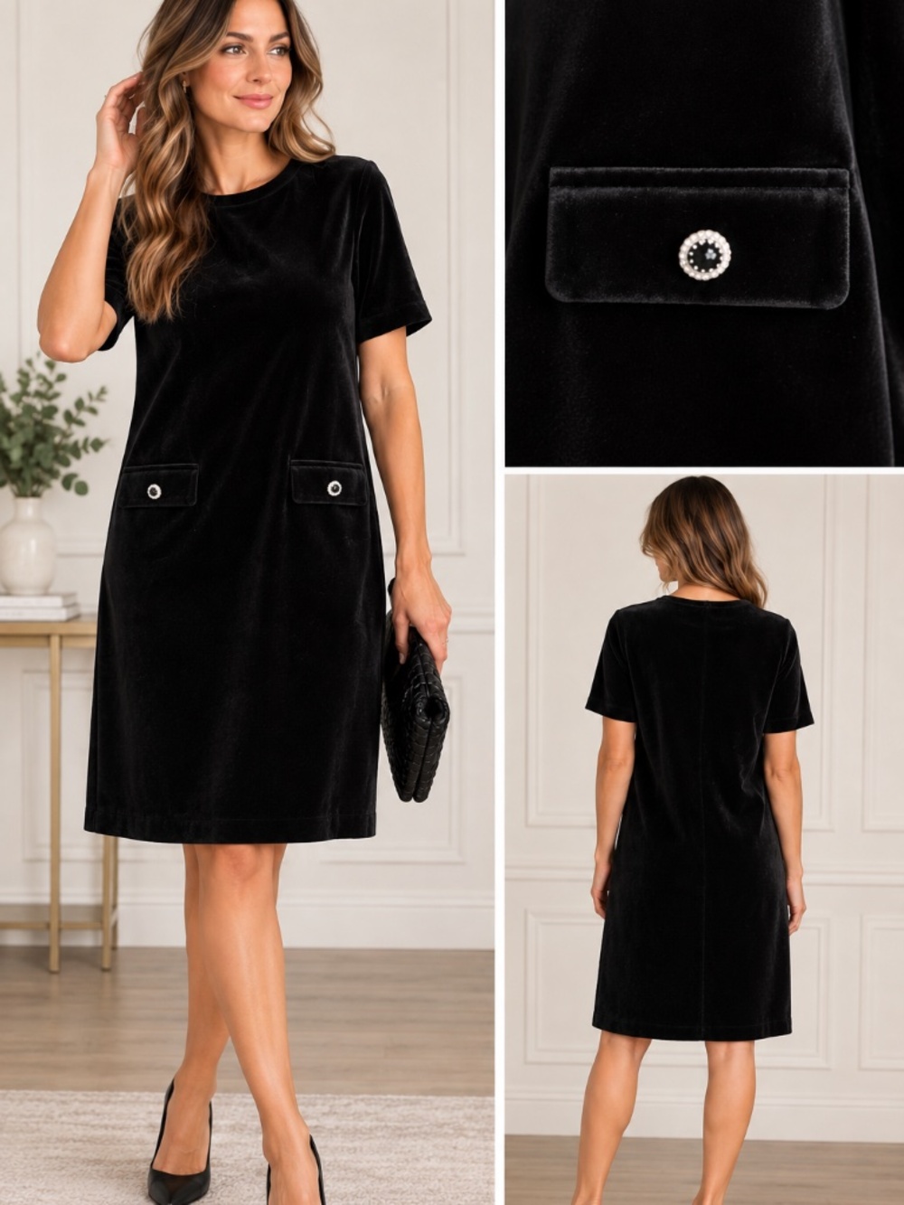 Zara L Black Velvet Shift Dress Rhinestone Buttons Mod 60s Cocktail Party Retro